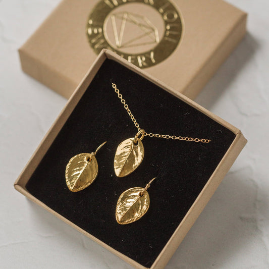 Gold Baby Rose Leaf Earrings & Necklace Set