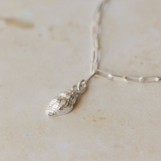 close-up of recycled silver whelk shell charm bracelet on paperclip chain by Iris & Lolli