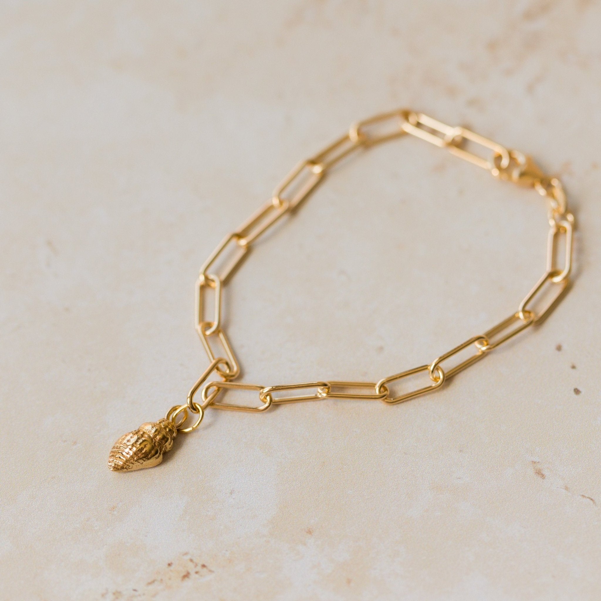 18ct gold vermeil whelk shell charm bracelet with paperclip chain displayed on neutral background by Iris & Lolli
