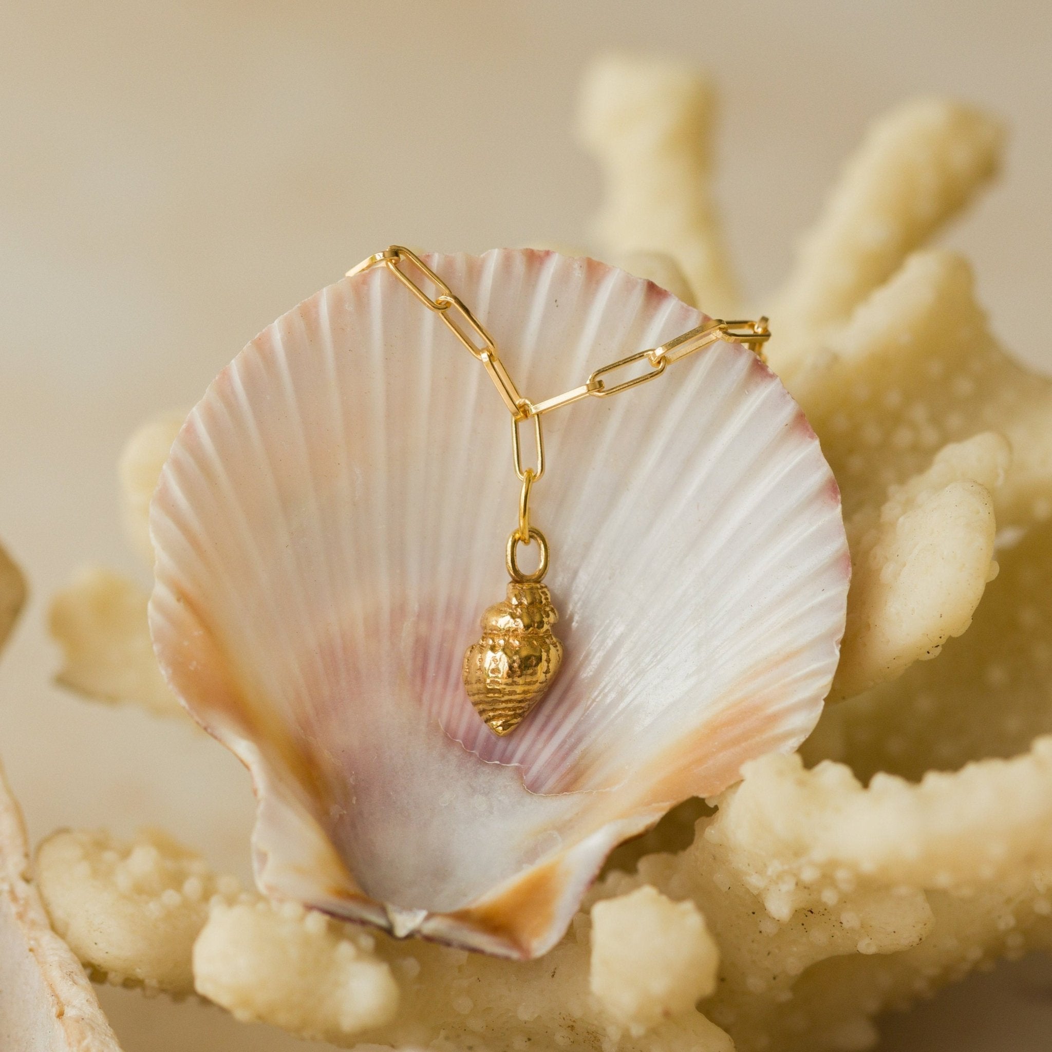 18ct gold vermeil whelk shell charm bracelet with paperclip chain draped over seashell, styled with coral accents by Iris & Lolli