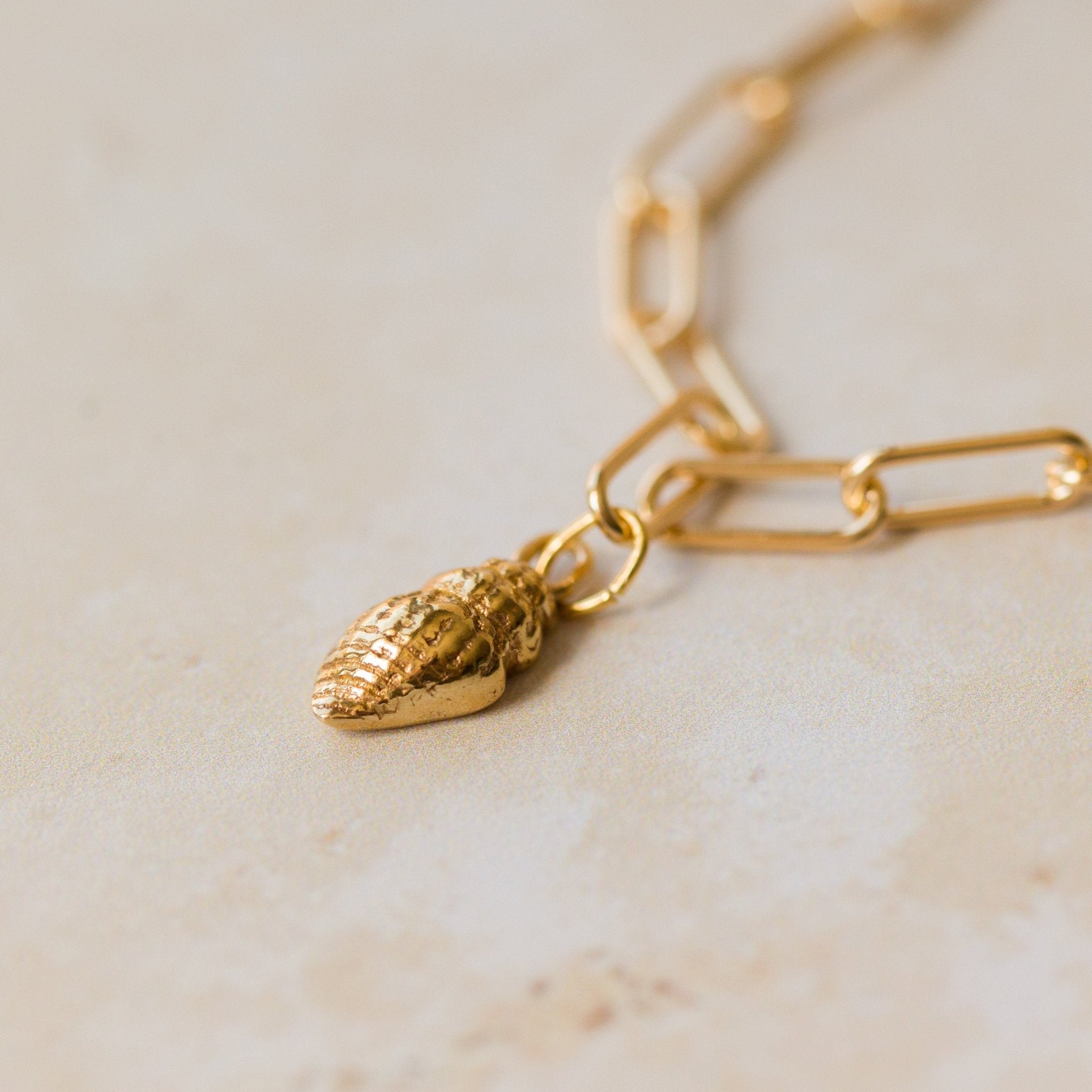 close-up of 18ct gold vermeil whelk shell charm bracelet on paperclip chain by Iris & Lolli