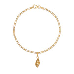 18ct gold vermeil whelk shell charm bracelet with paperclip chain and lobster clasp on white background by Iris & Lolli
