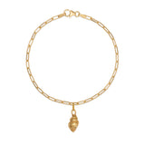 18ct gold vermeil whelk shell charm bracelet with paperclip chain and lobster clasp on white background by Iris & Lolli