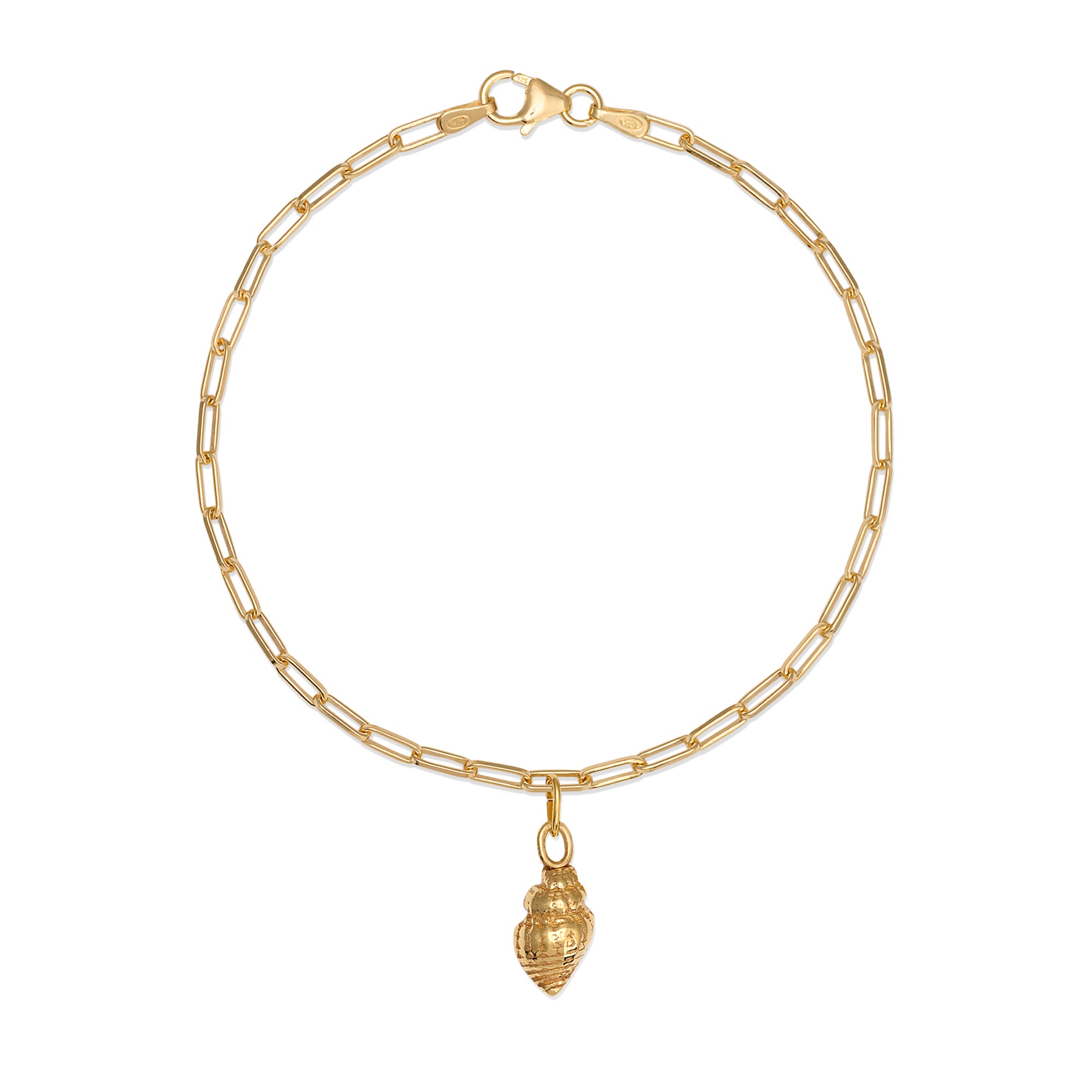 18ct gold vermeil whelk shell charm bracelet with paperclip chain and lobster clasp on white background by Iris & Lolli