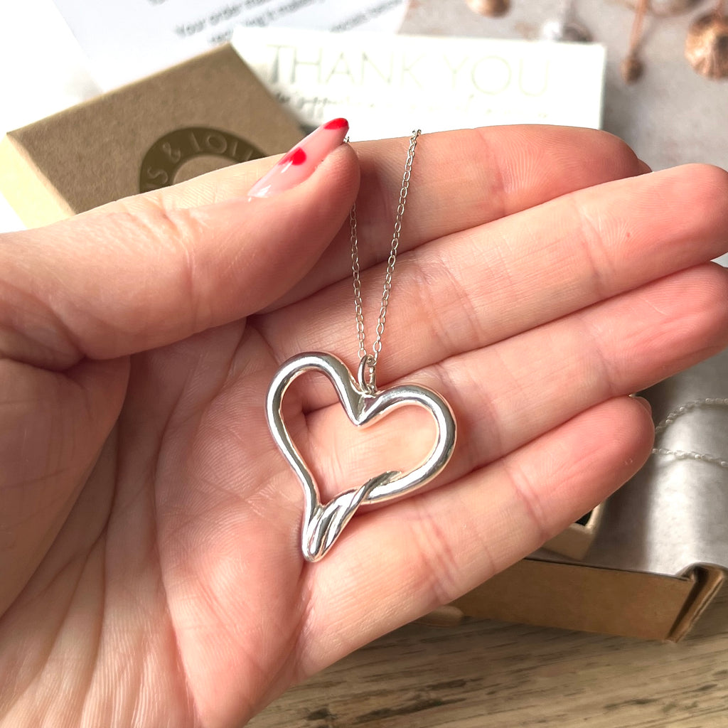 Large Twisted Silver Heart Necklace