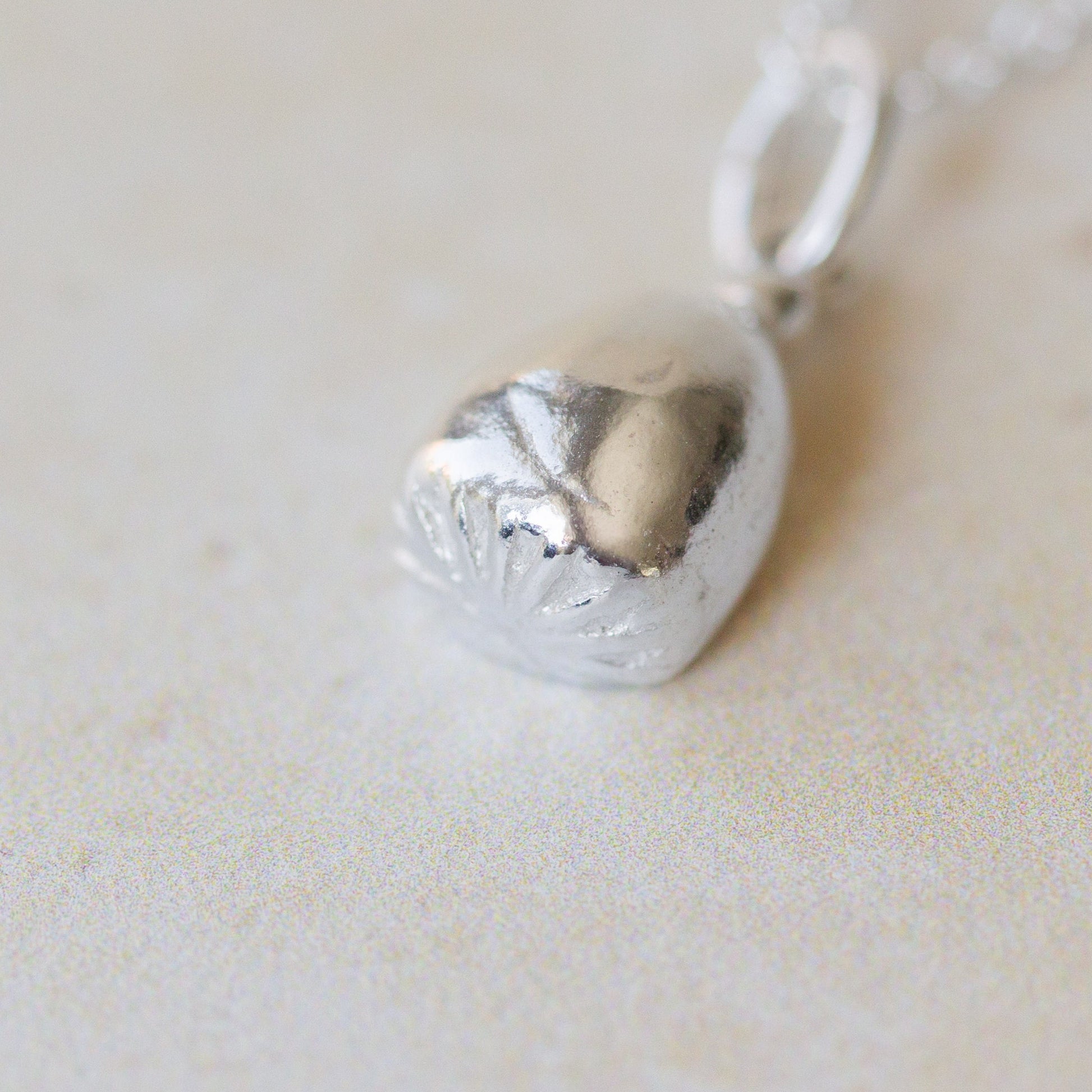 Silver pendant on a chain against a light background