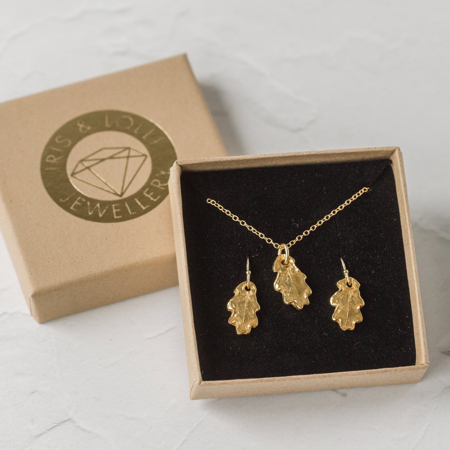 Gold Baby Oak Earrings & Necklace Set