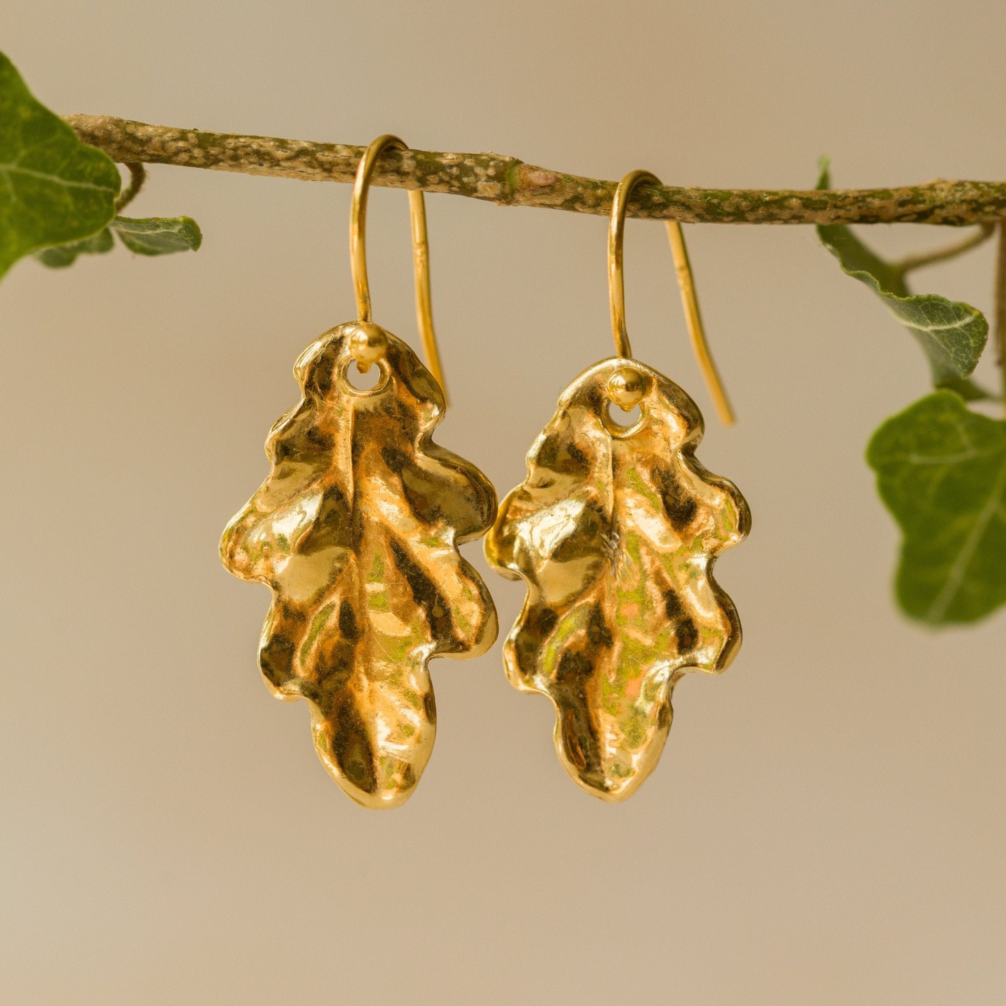 Model wearing Gold Oak Leaf Earrings (4)