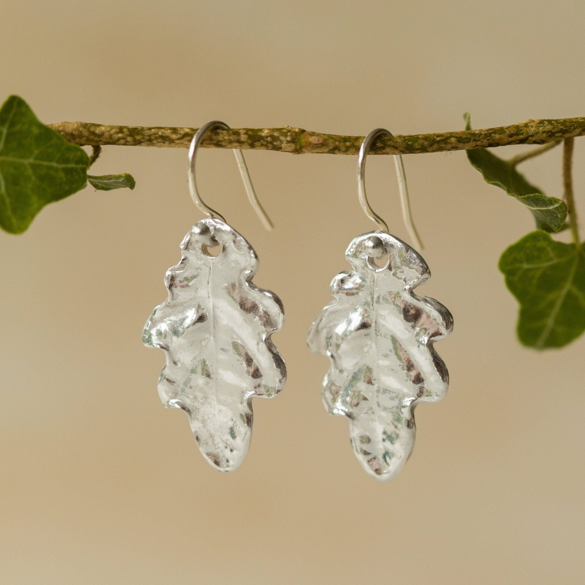 Model wearing Silver Oak Leaf Earrings (3)