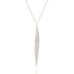 Silver necklace with a long, thin pendant on a white background