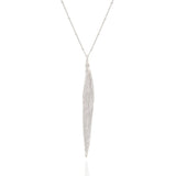 Silver necklace with a long, thin pendant on a white background