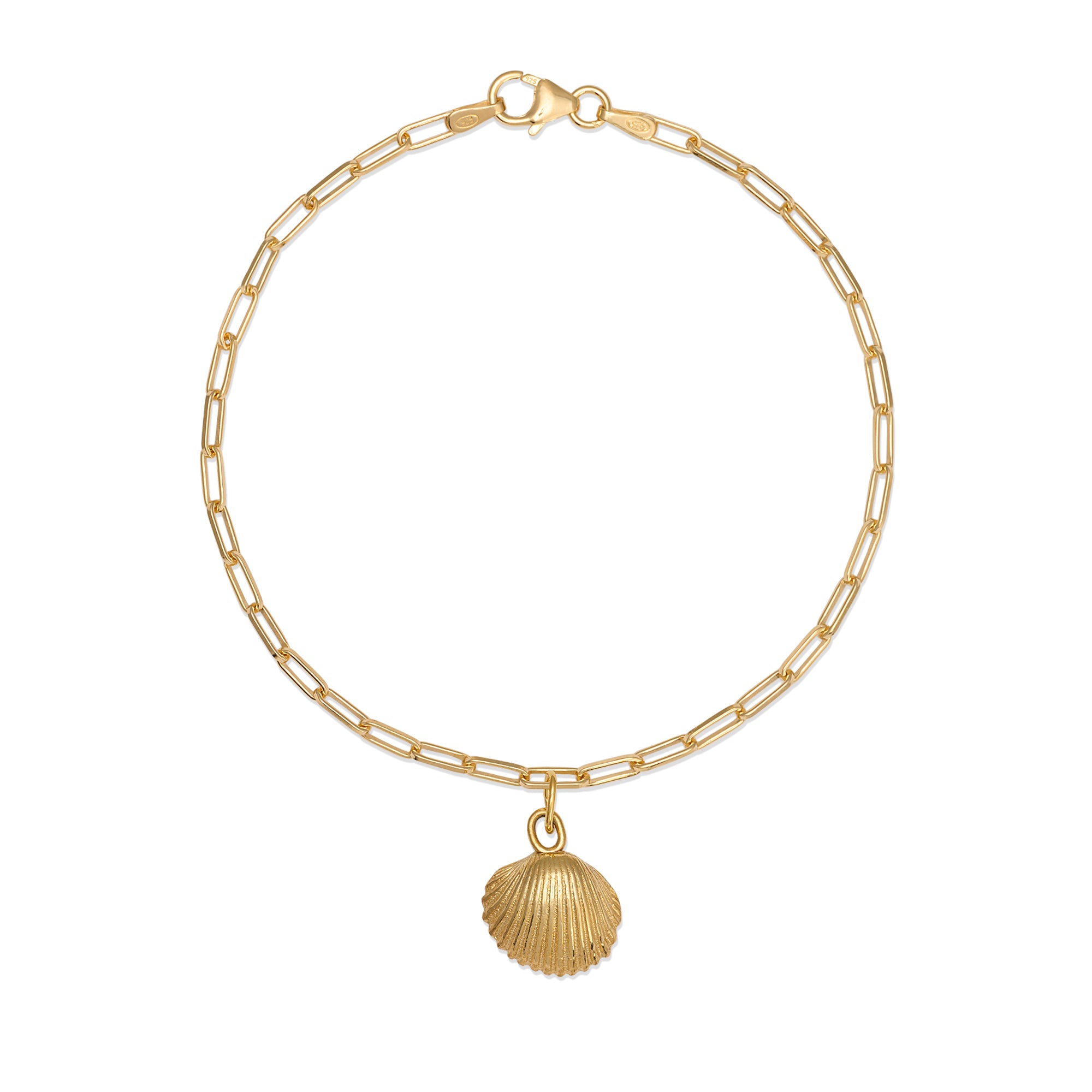 gold cockle shell charm bracelet with fine paperclip chain on white background, ocean-inspired jewellery handcrafted by Iris & Lolli
