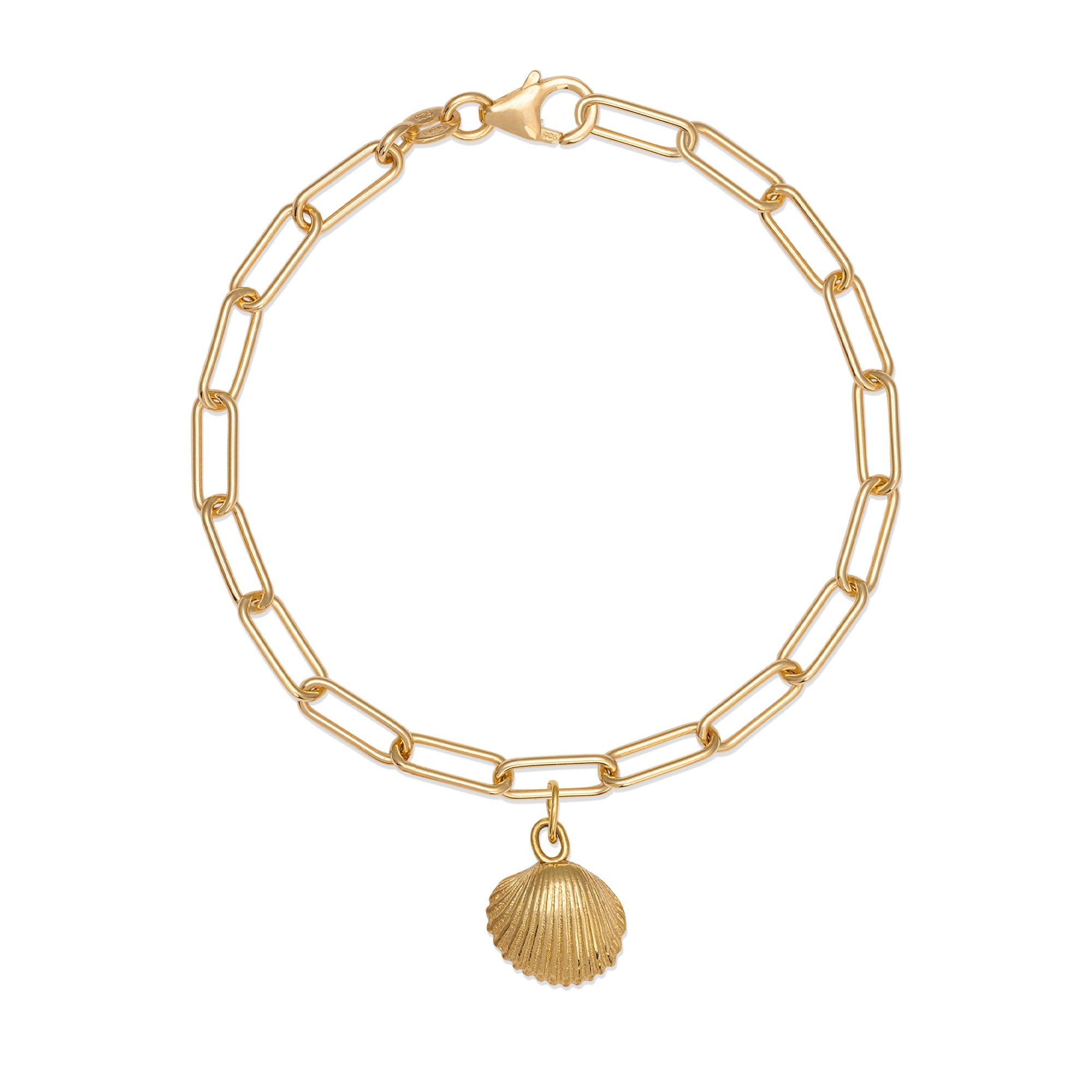 gold cockle shell charm bracelet with paperclip chain on white background, handcrafted coastal charm design by Iris & Lolli
