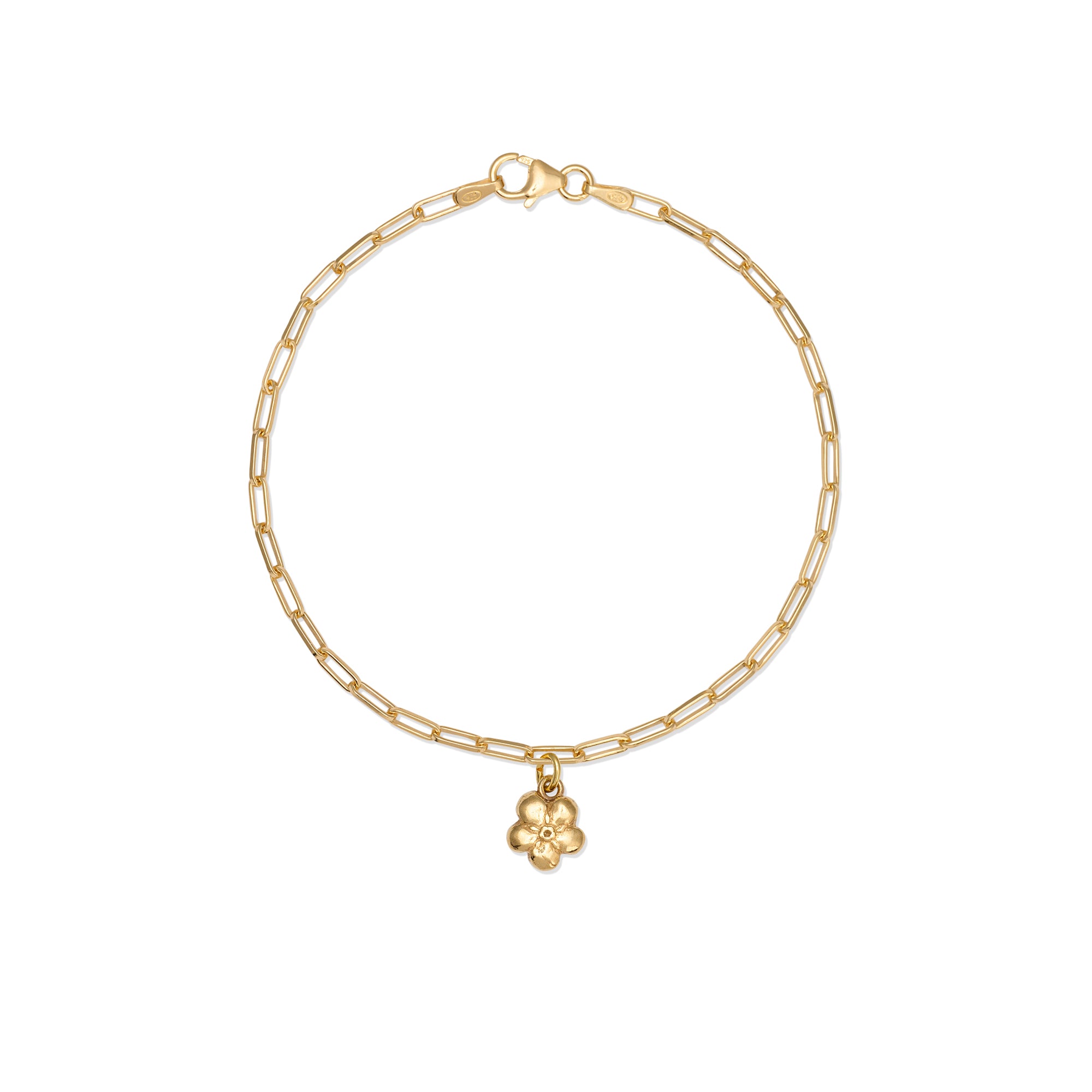 gold forget me not flower charm bracelet with delicate paperclip chain, handcrafted floral bracelet by Iris & Lolli