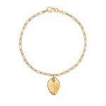 gold leaf charm bracelet with paperclip chain on white background, handcrafted botanical jewellery by Iris & Lolli