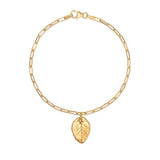 gold leaf charm bracelet with paperclip chain on white background, handcrafted botanical jewellery by Iris & Lolli