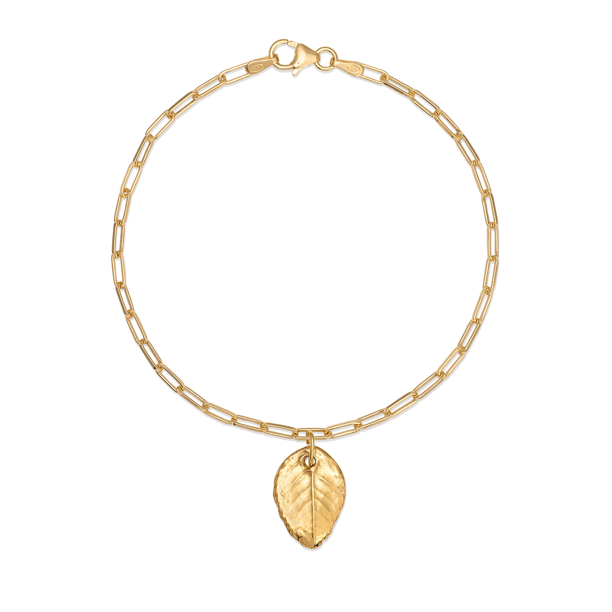 gold leaf charm bracelet with paperclip chain on white background, handcrafted botanical jewellery by Iris & Lolli