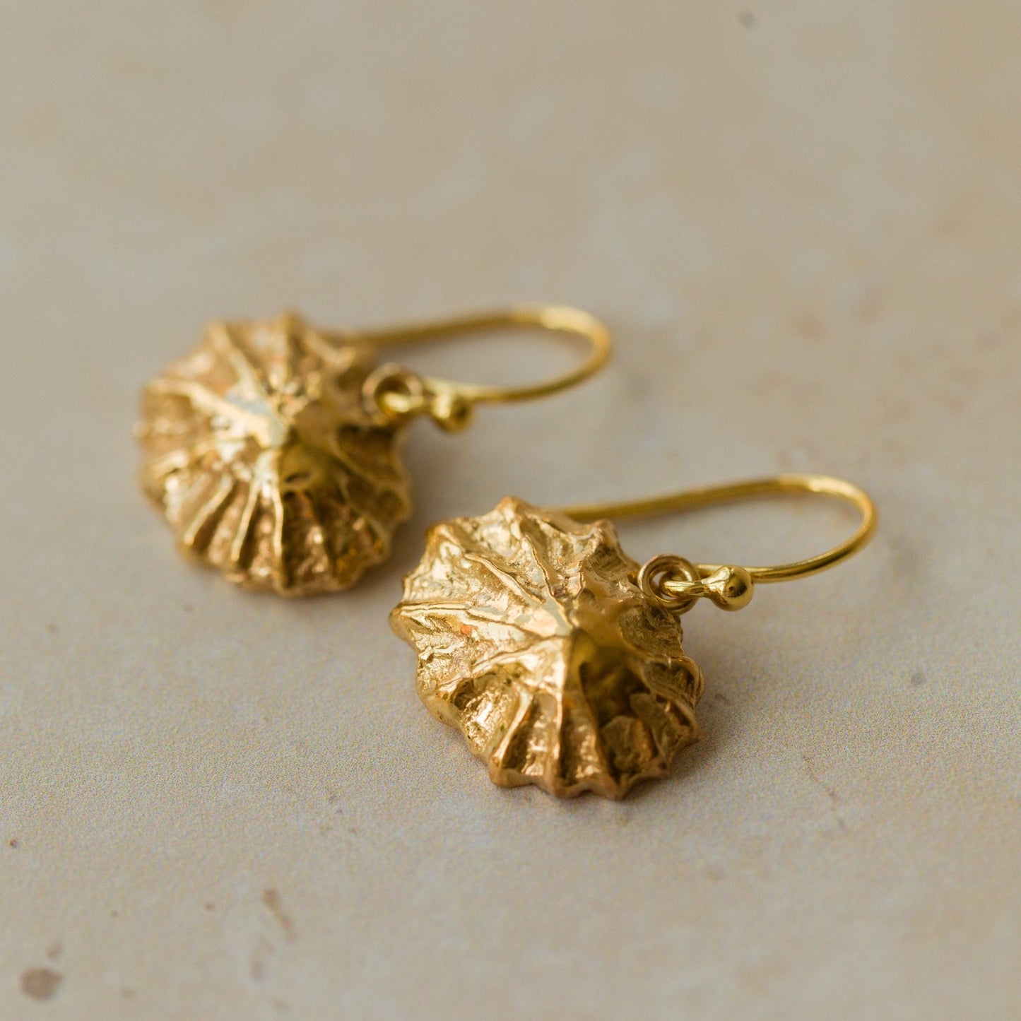 Handmade recycled gold limpet shell drop earrings by Iris and Lolli, ocean inspired and crafted in the UK