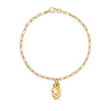 gold oak leaf charm bracelet with paperclip chain on white background, handcrafted woodland jewellery by Iris & Lolli