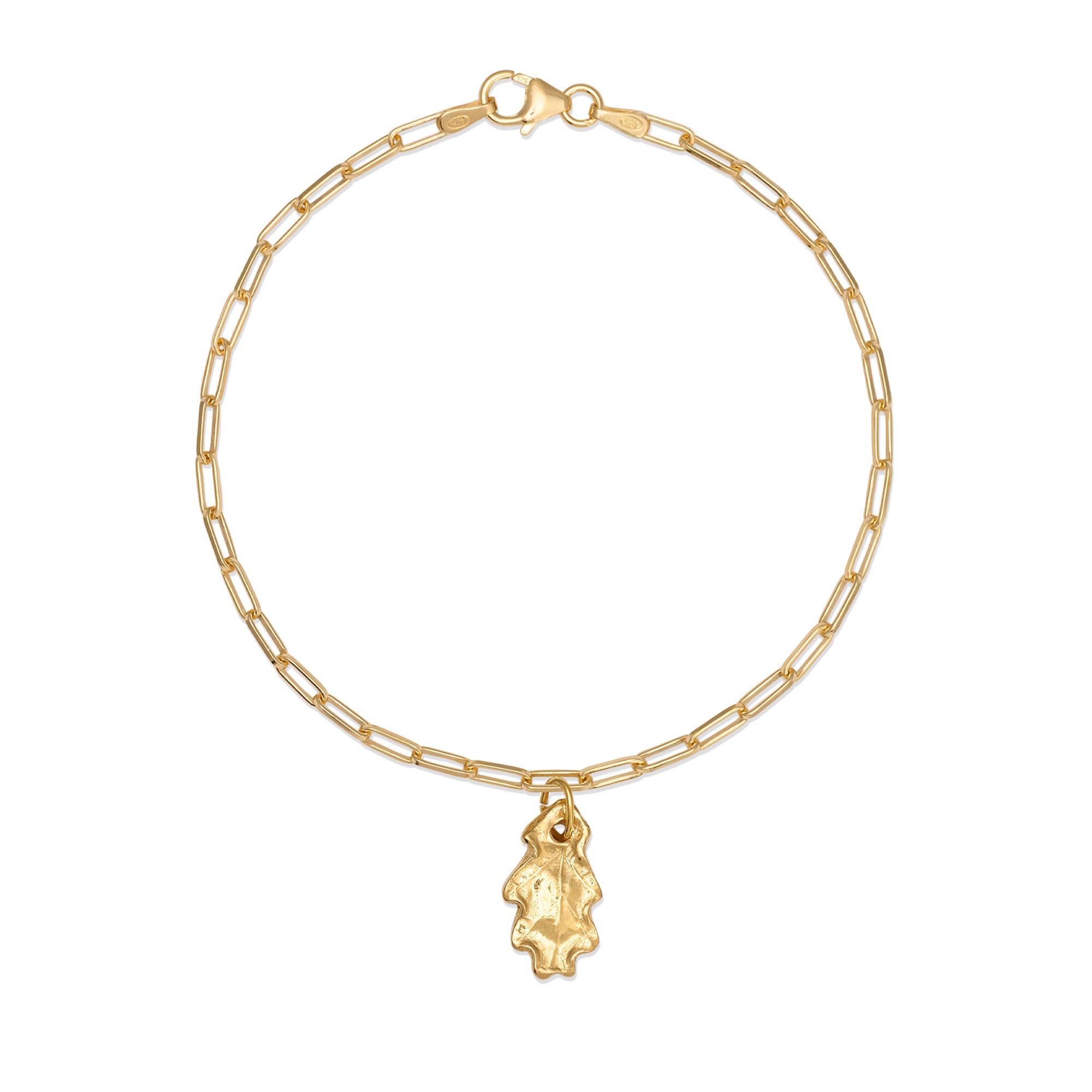 gold oak leaf charm bracelet with paperclip chain on white background, handcrafted woodland jewellery by Iris & Lolli