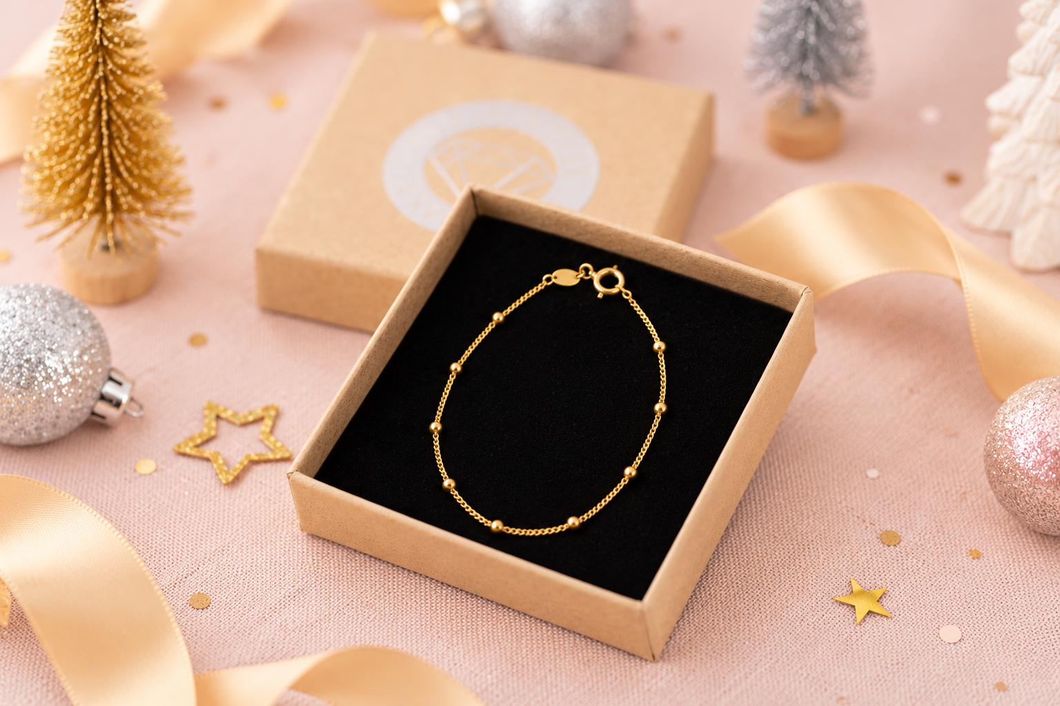 Gold satellite chain bracelet in an Iris & Lolli gift box with Christmas decorations