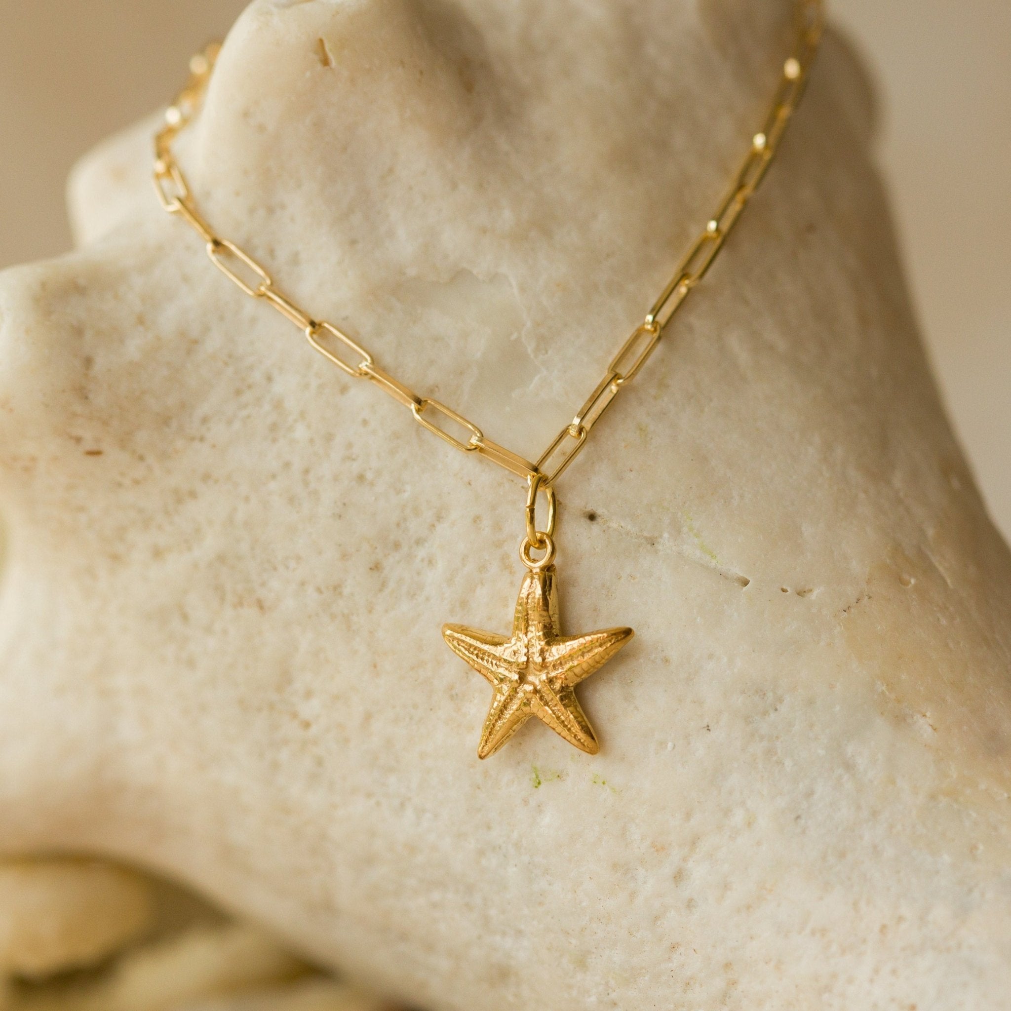 gold vermeil starfish charm bracelet with paperclip chain draped over natural seashell, handcrafted coastal jewellery by Iris & Lolli