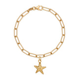 gold vermeil starfish charm bracelet with paperclip chain on white background, handcrafted coastal design by Iris & Lolli