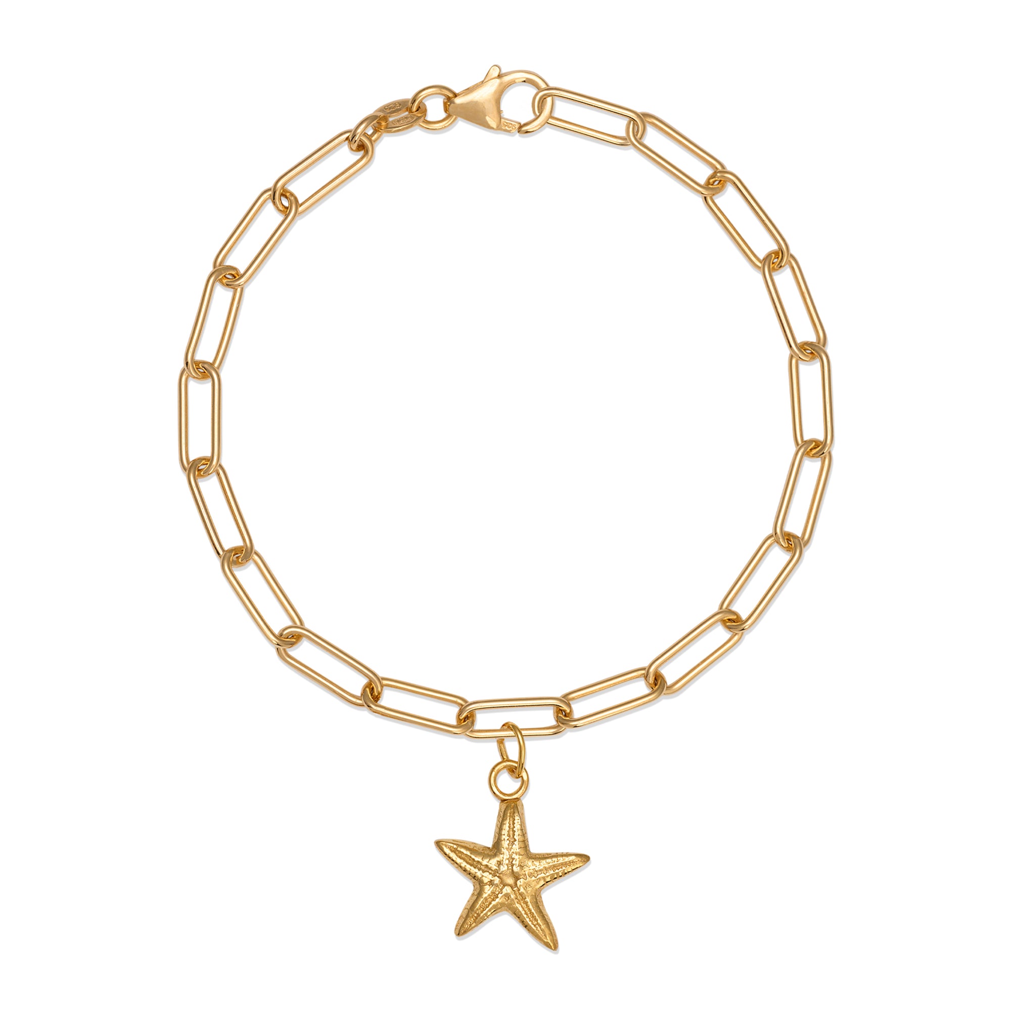 gold vermeil starfish charm bracelet with paperclip chain on white background, handcrafted coastal design by Iris & Lolli