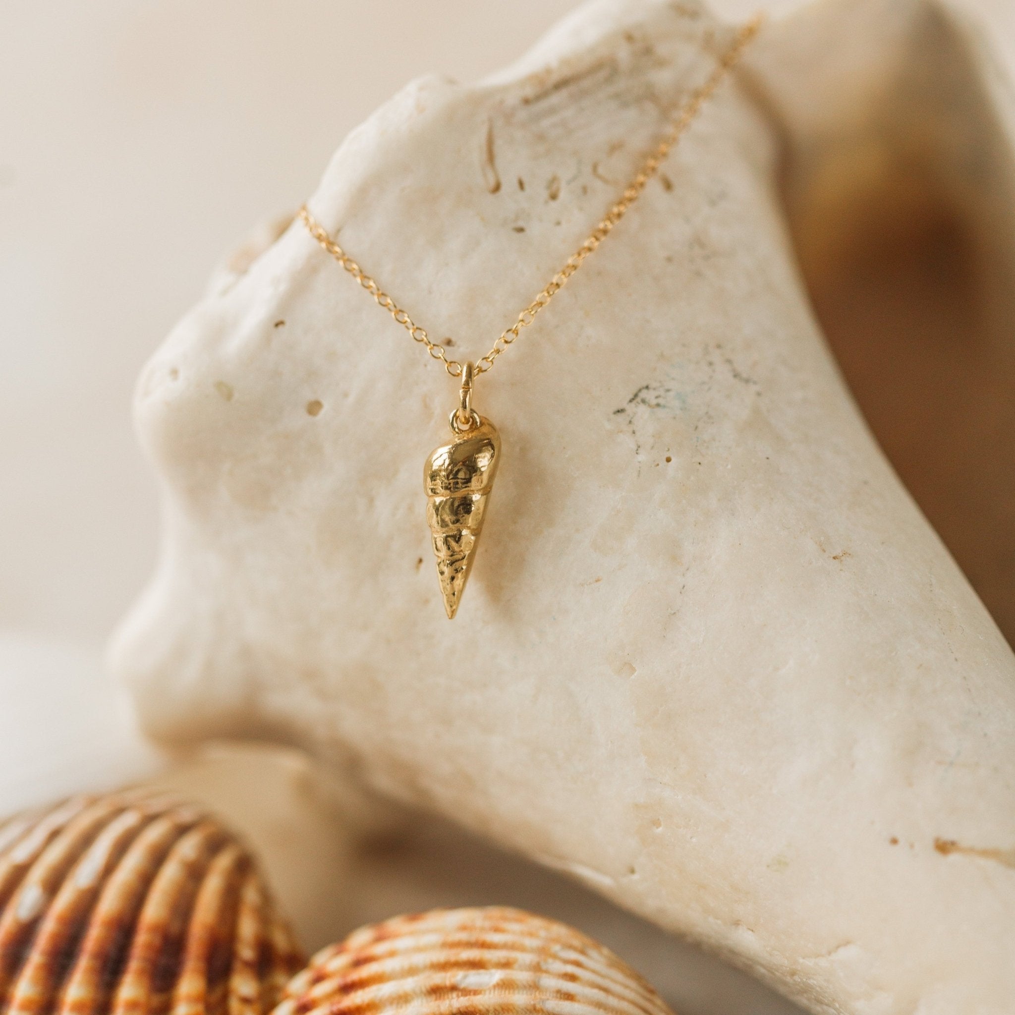 Gold coastal shell necklace on a stone surface with seashells in the background