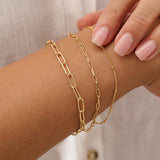 close-up of wrist stacked with 18ct gold vermeil paperclip chain bracelets by Iris & Lolli