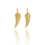 Handmade recycled gold fern leaf drop earrings by Iris and Lolli on white background, nature inspired and crafted in the UK