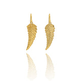 Handmade recycled gold fern leaf drop earrings by Iris and Lolli on white background, nature inspired and crafted in the UK