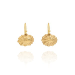 Handmade recycled gold limpet shell drop earrings by Iris and Lolli on white background, inspired by coastal shells and crafted in the UK