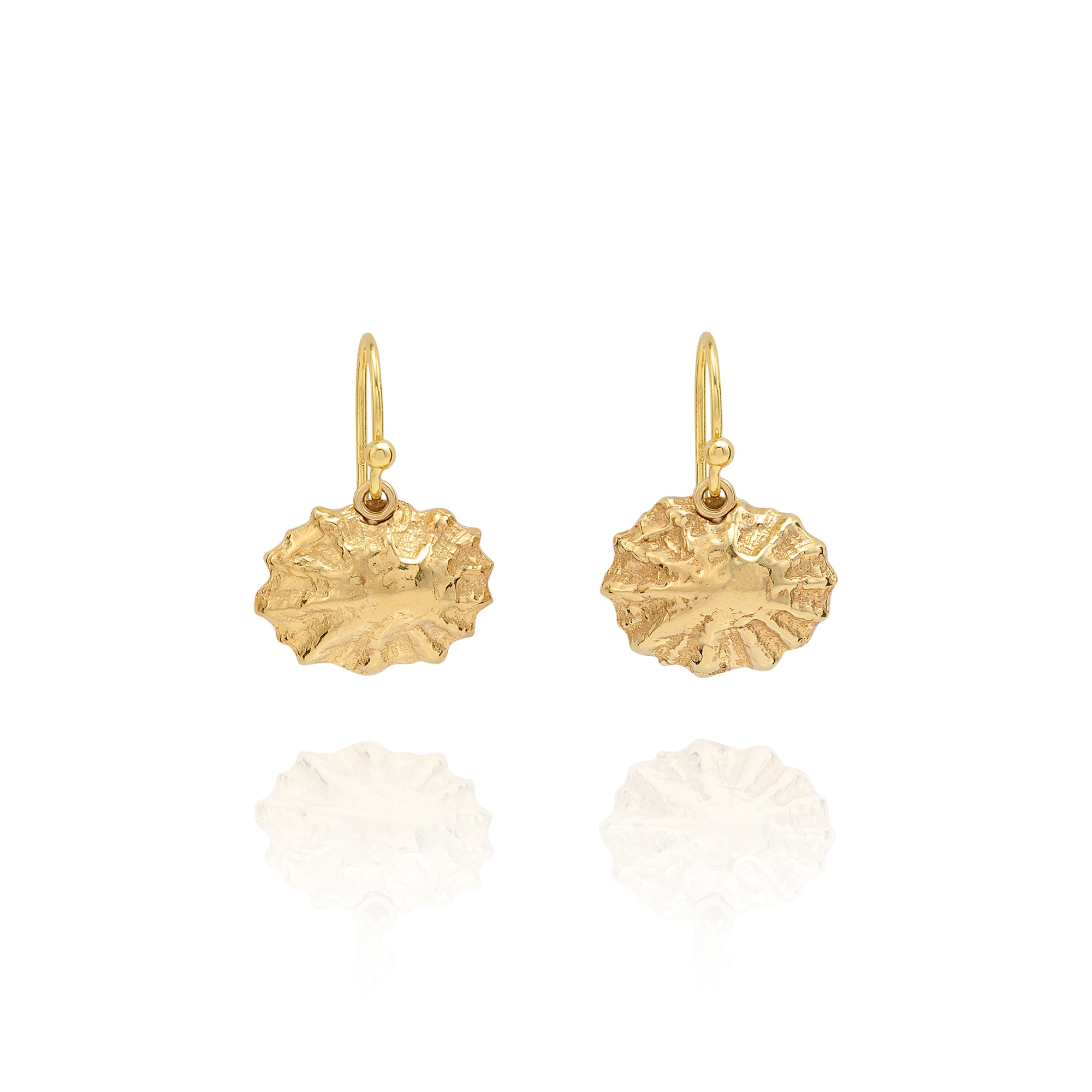 Handmade recycled gold limpet shell drop earrings by Iris and Lolli on white background, inspired by coastal shells and crafted in the UK
