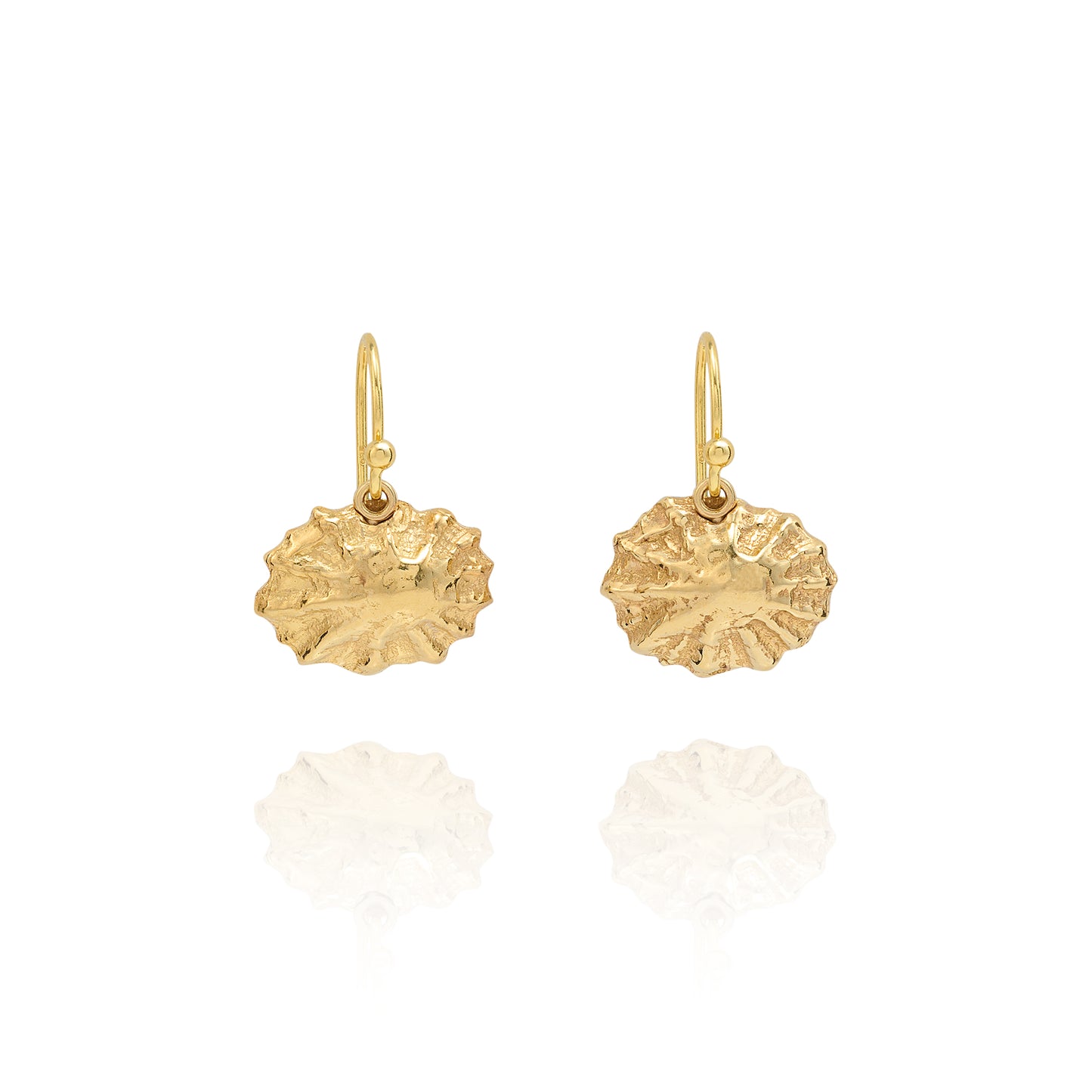 Handmade recycled gold limpet shell drop earrings by Iris and Lolli on white background, inspired by coastal shells and crafted in the UK
