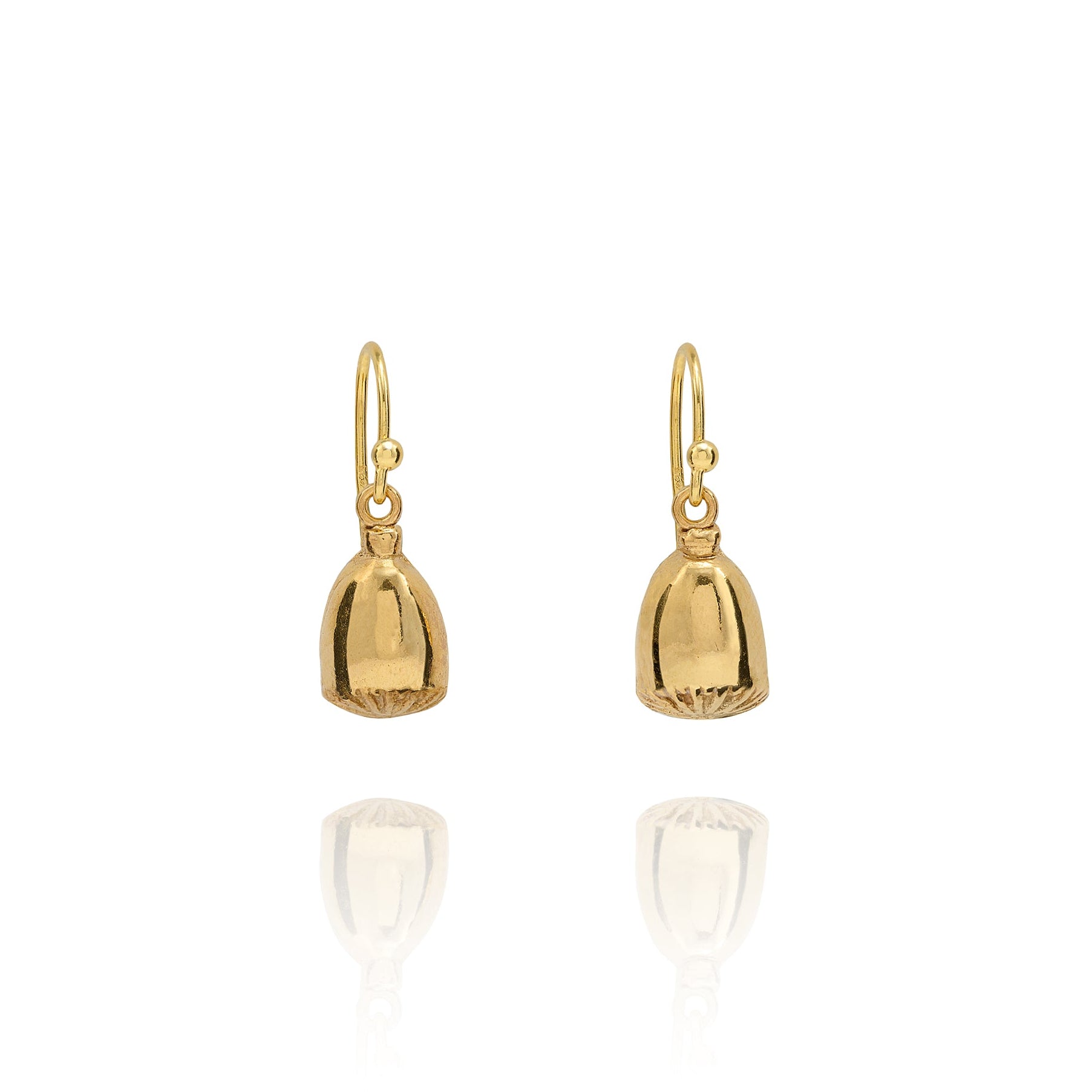 Handmade recycled gold Red Poppy Seed drop earrings by Iris and Lolli on white background, botanical inspired and crafted in the UK