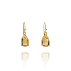 Handmade recycled gold Red Poppy Seed drop earrings by Iris and Lolli on white background, botanical inspired and crafted in the UK