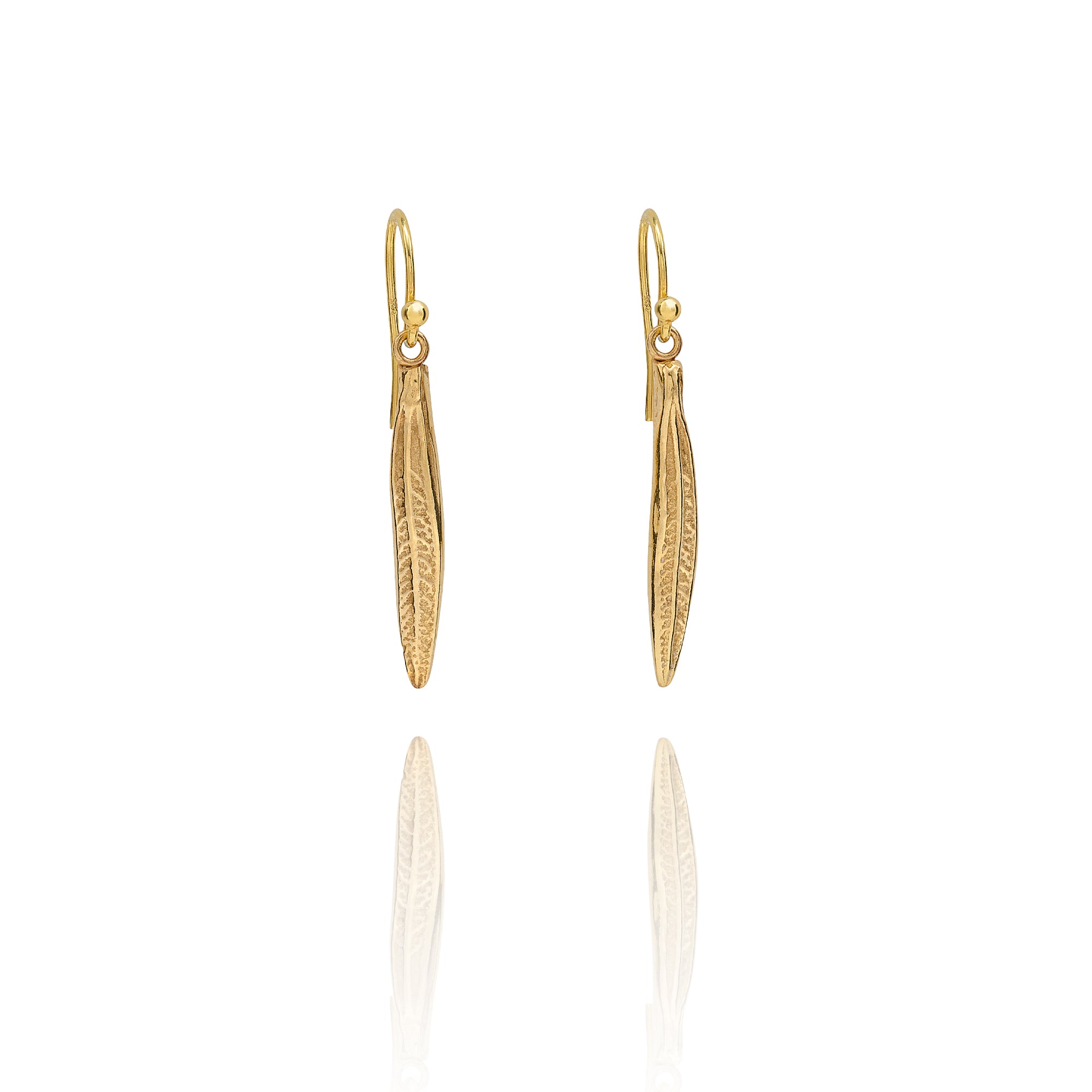 Handmade recycled gold rosemary dainty leaf drop earrings by Iris and Lolli on white background, nature inspired and crafted in the UK