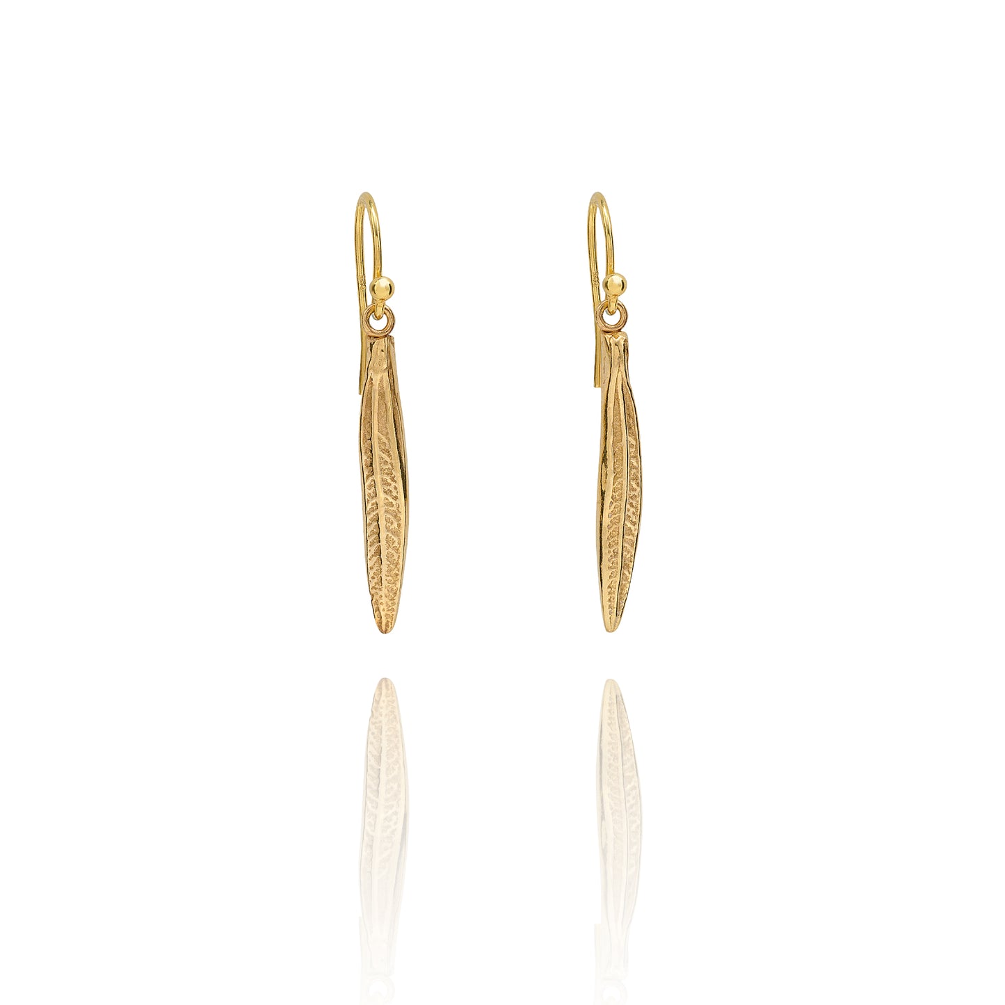 Handmade recycled gold rosemary dainty leaf drop earrings by Iris and Lolli on white background, nature inspired and crafted in the UK