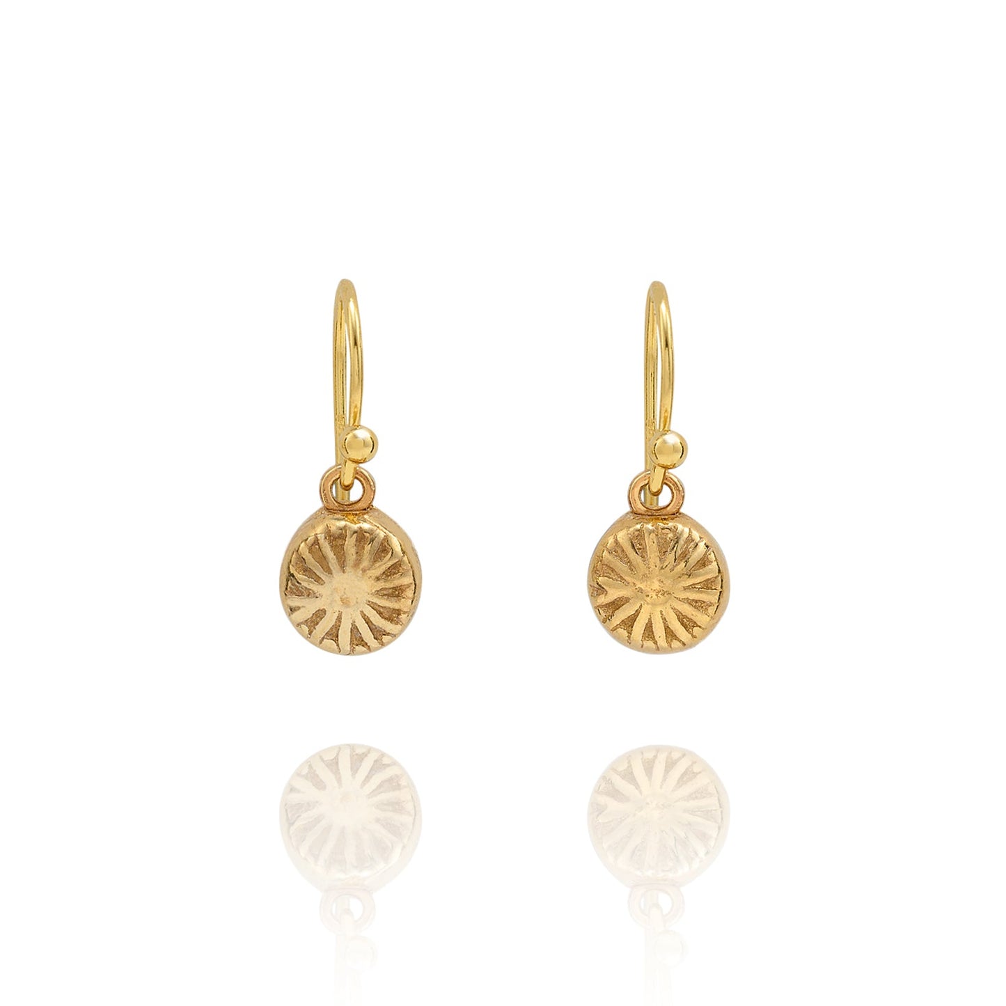 Handmade recycled gold round poppy seed head drop earrings by Iris and Lolli on white background, botanical inspired and crafted in the UK