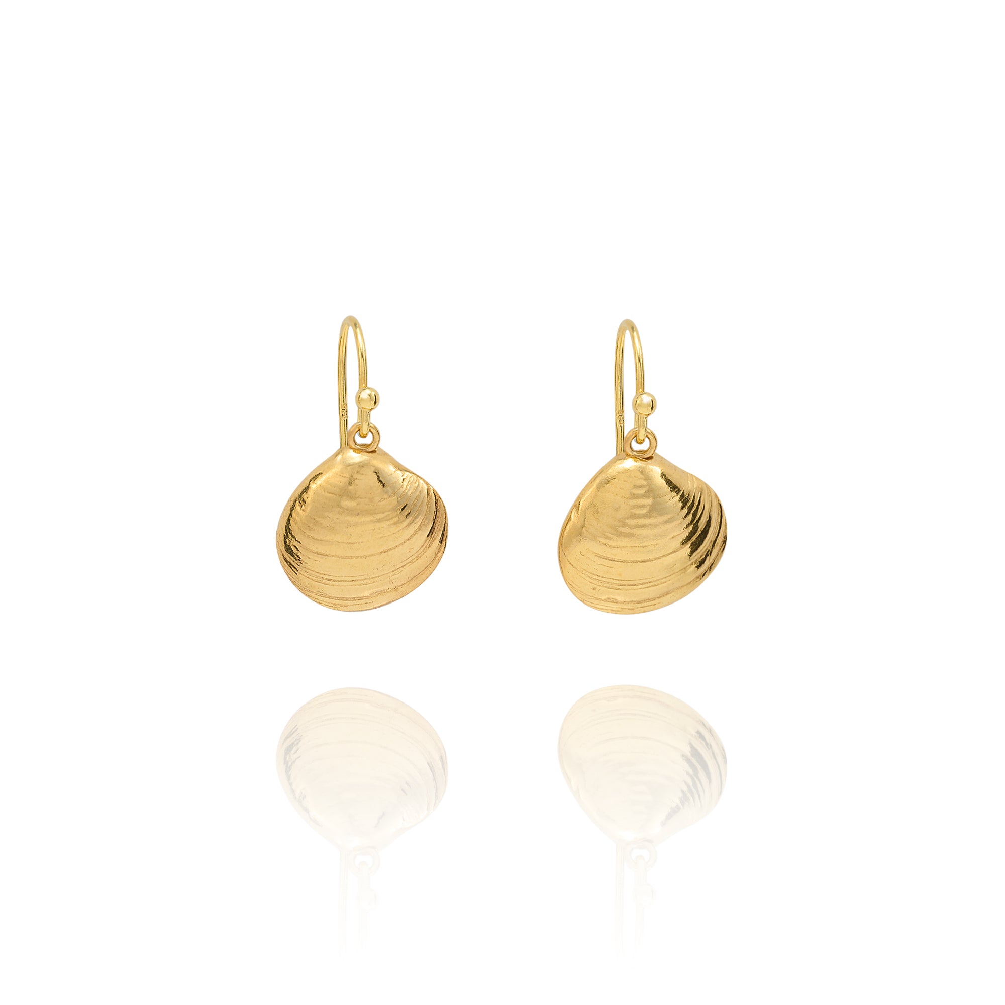 Handmade recycled gold Venus clam shell drop earrings by Iris and Lolli on white background, ocean inspired and crafted in the UK