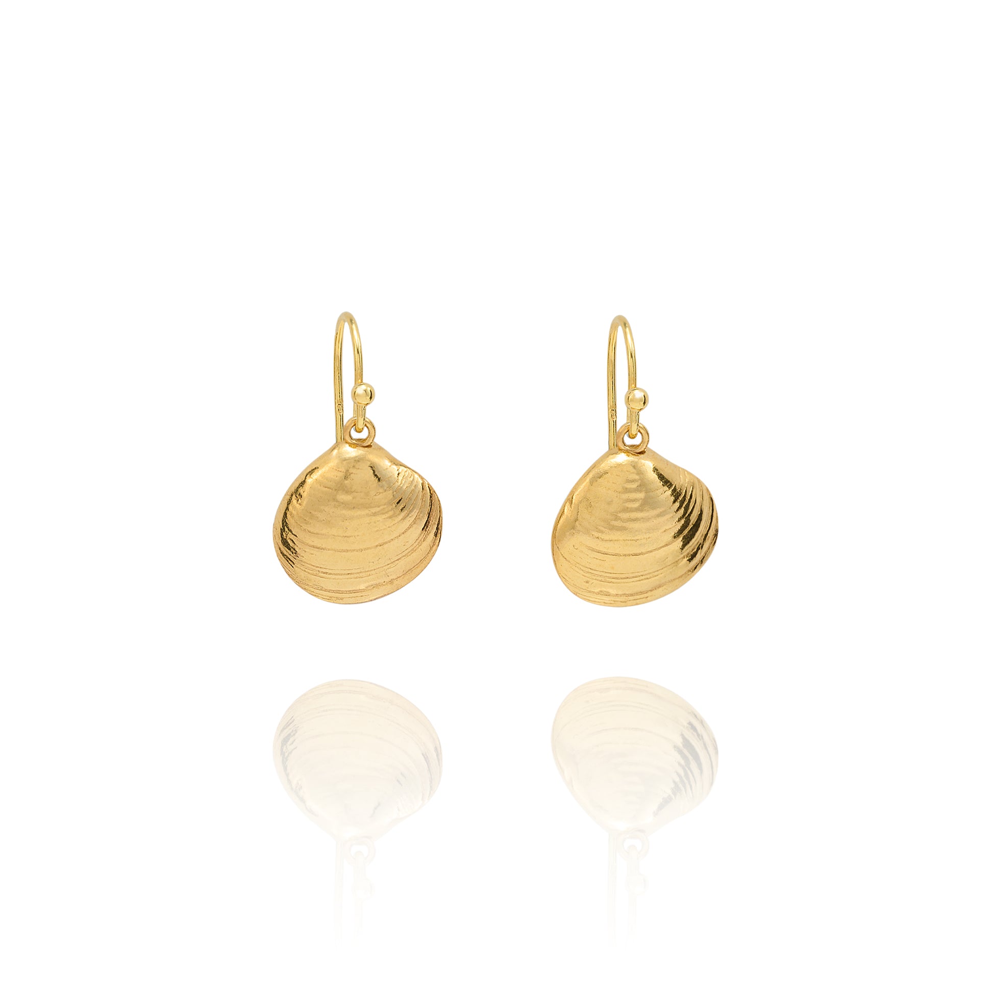 Handmade recycled gold Venus clam shell drop earrings by Iris and Lolli on white background, ocean inspired and crafted in the UK