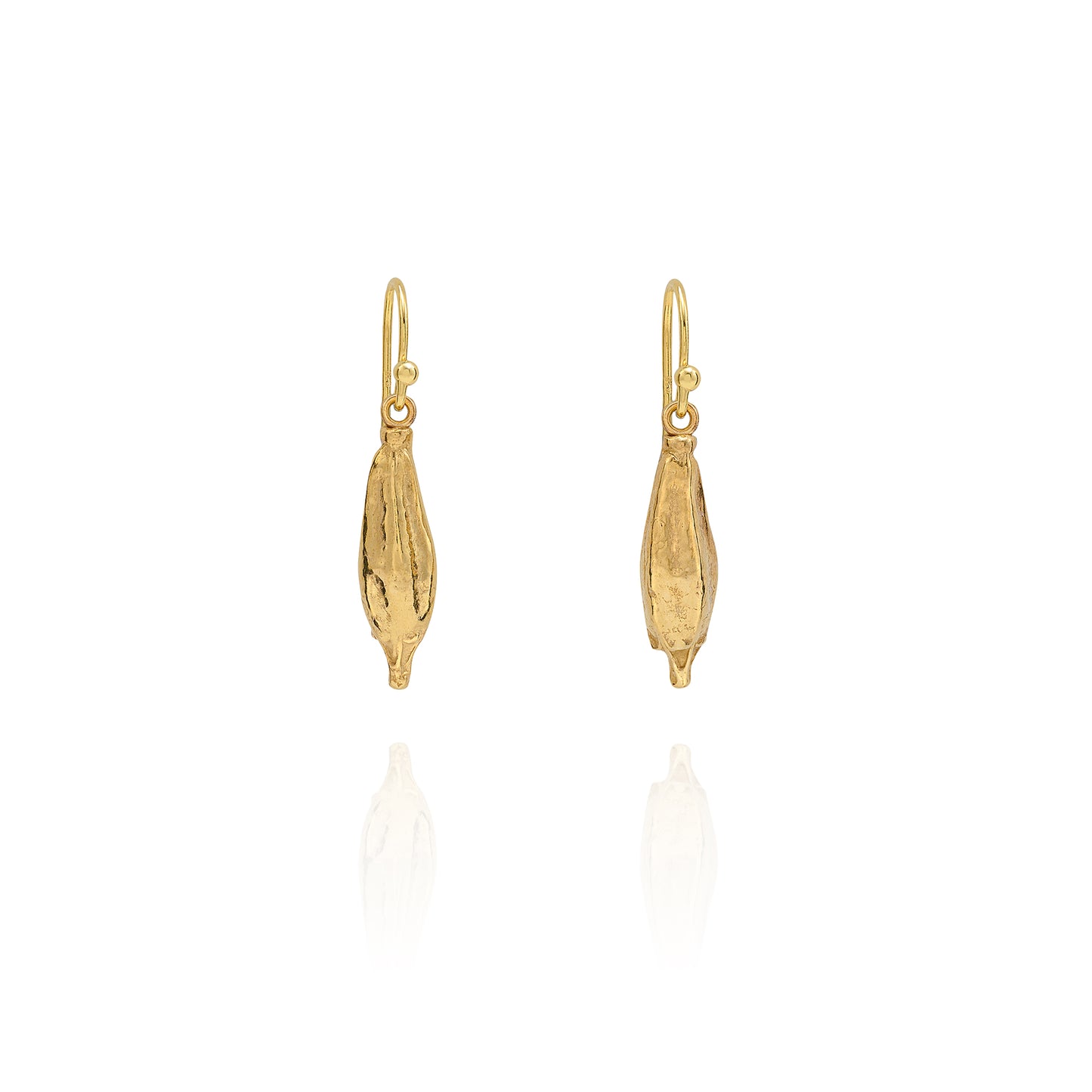 Handmade recycled gold Yellow Poppy Seed drop earrings by Iris and Lolli on white background, nature inspired and crafted in the UK