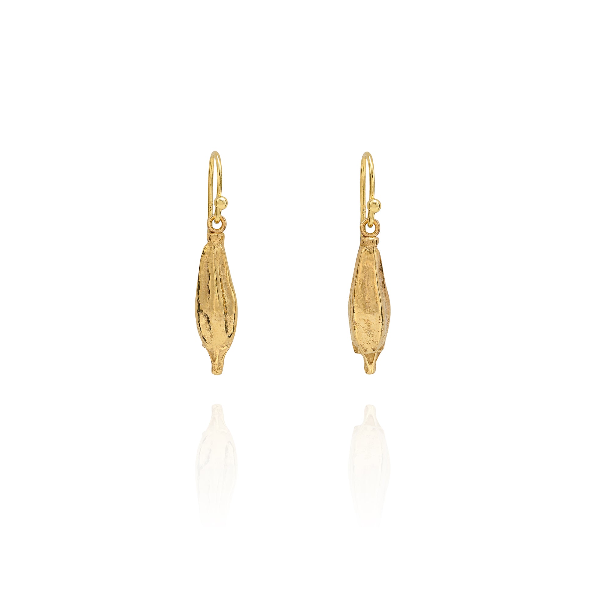 Handmade recycled gold Yellow Poppy Seed drop earrings by Iris and Lolli on white background, nature inspired and crafted in the UK