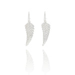 Handmade recycled silver fern leaf drop earrings by Iris and Lolli on white background, nature inspired and crafted in the UK