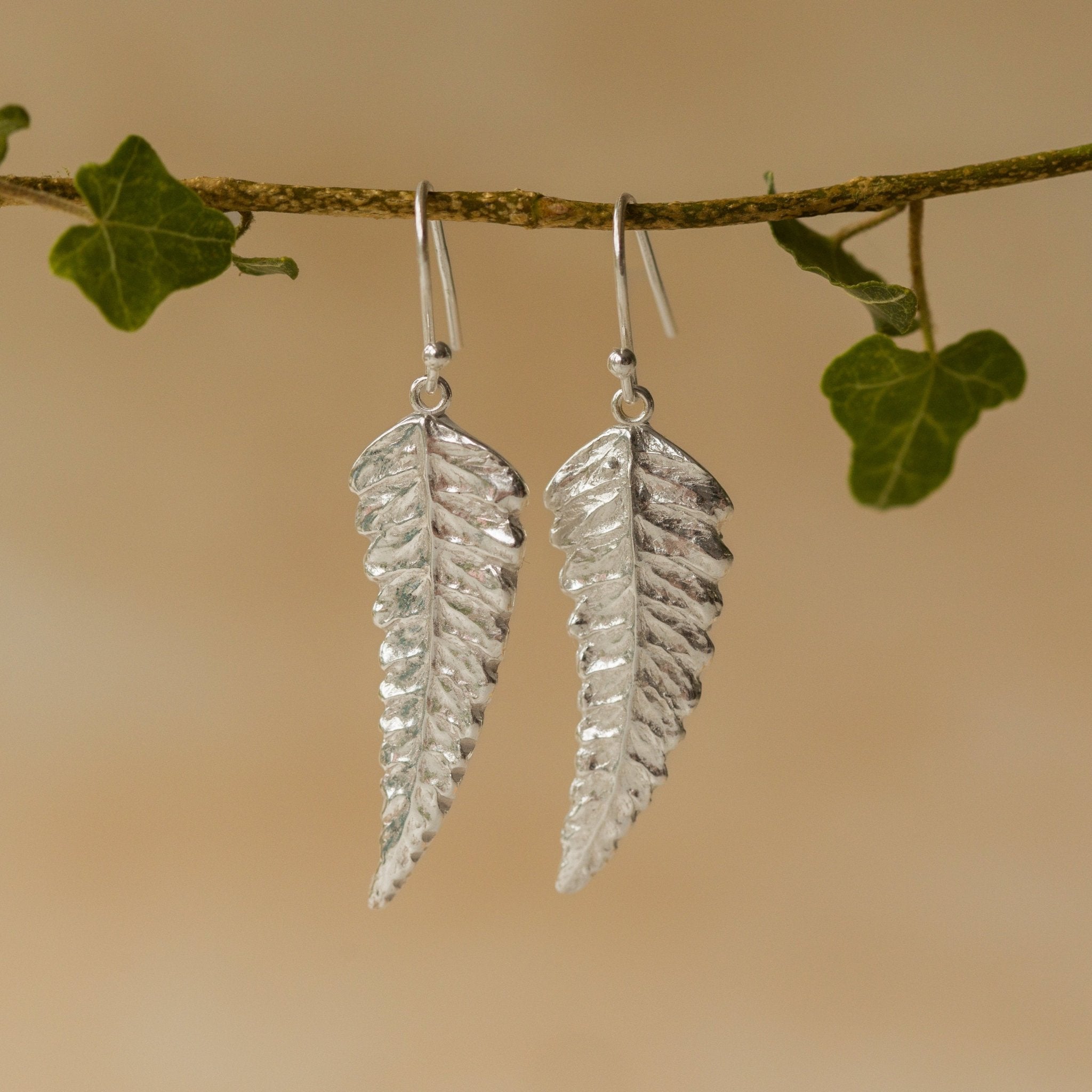 Handmade recycled silver Fern Leaf earrings by Iris and Lolli hanging from a branch with ivy leaves, showcasing their detailed botanical texture and natural woodland design