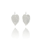 Handmade recycled silver hazel leaf drop earrings by Iris and Lolli on white background, nature inspired and crafted in the UK