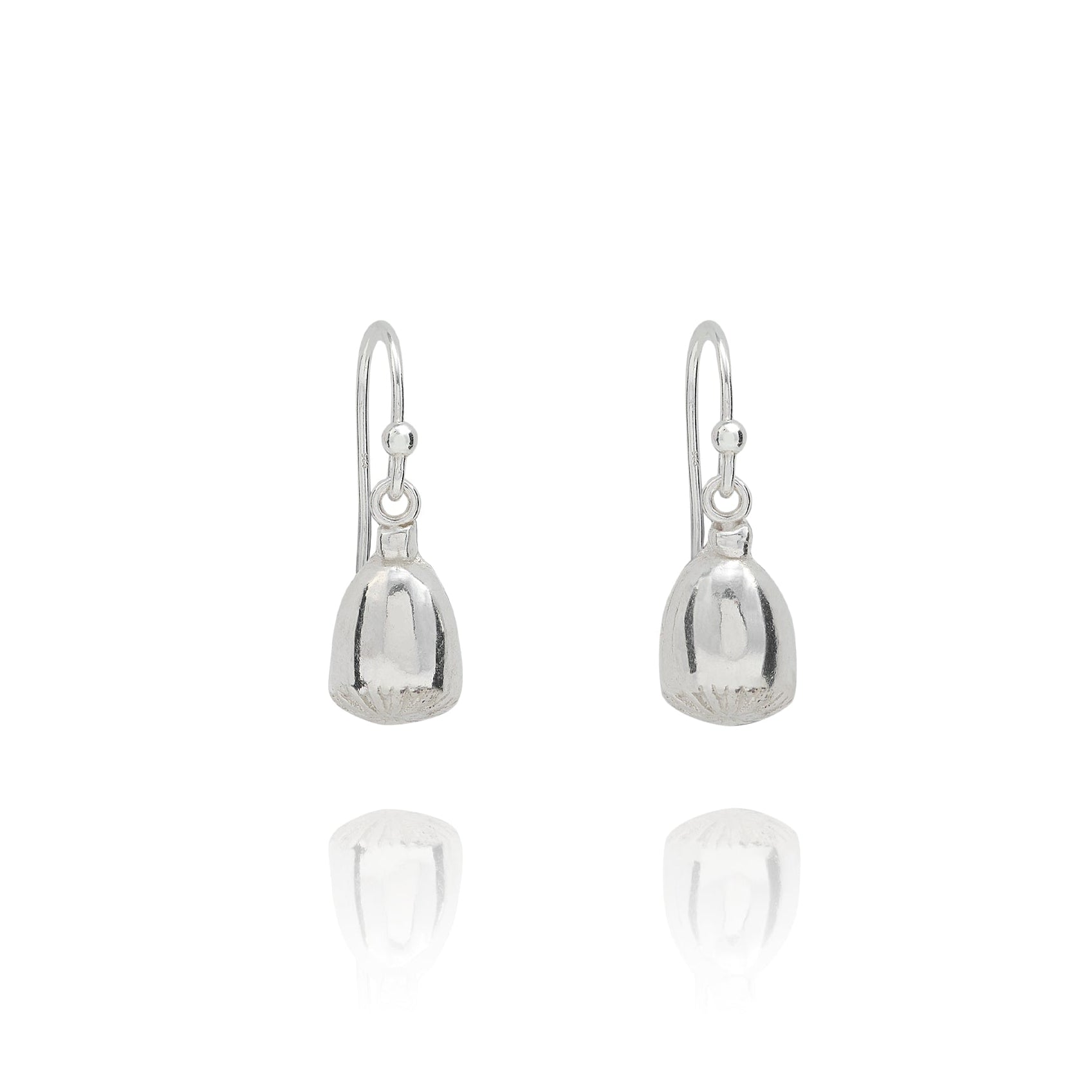 Handmade recycled silver Red Poppy Seed earrings by Iris and Lolli, minimal botanical drop earrings crafted in the UK on white background