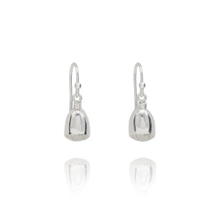 Handmade recycled silver Red Poppy Seed earrings by Iris and Lolli, minimal botanical drop earrings crafted in the UK on white background