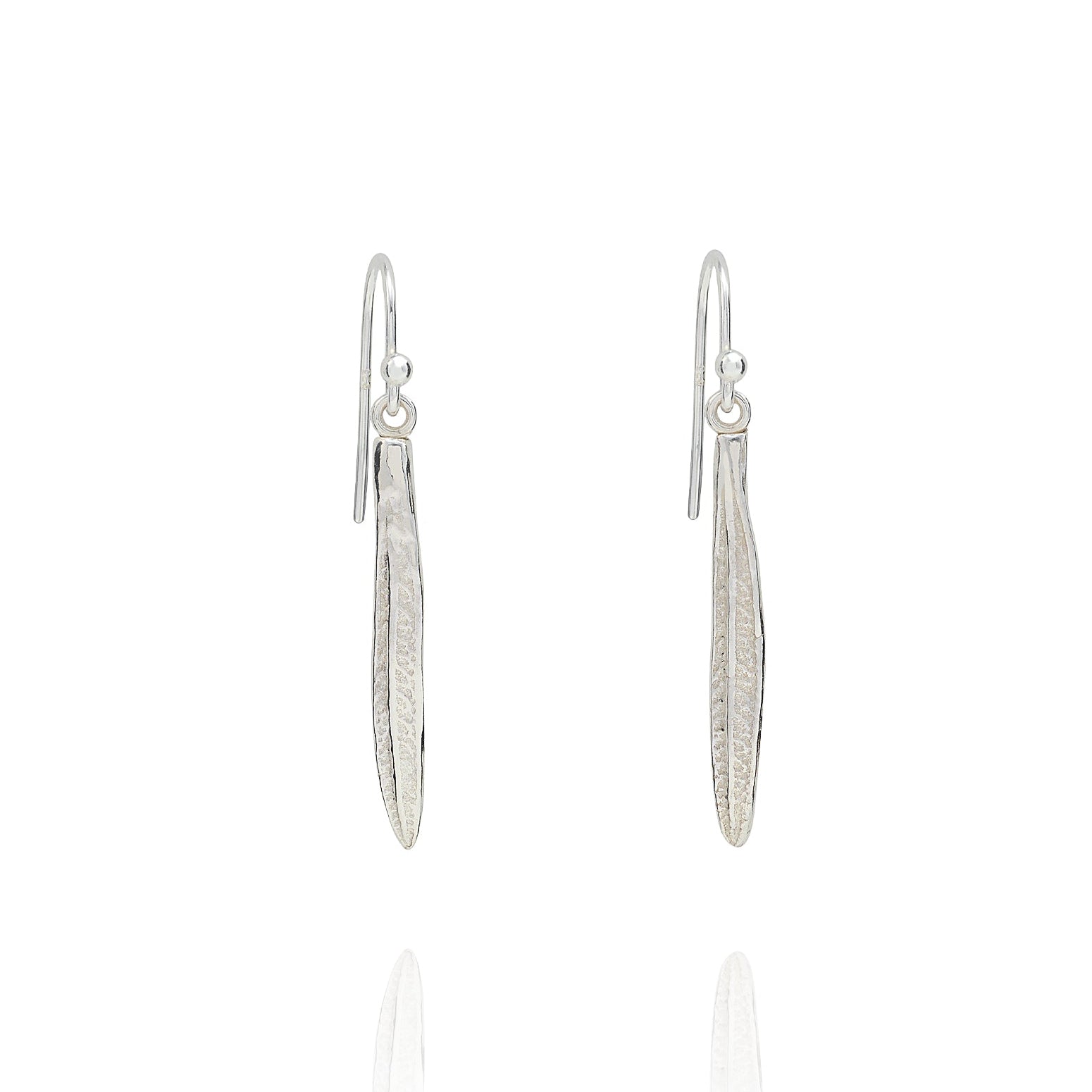 Handmade recycled silver Rosemary dainty leaf earrings by Iris and Lolli, minimalist botanical drop earrings crafted in the UK on white background